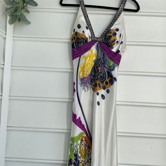 La Femme Prom Evening Full Length Colorful Beaded Plunging Open Back Stunning Ma - Picture 4 of 14